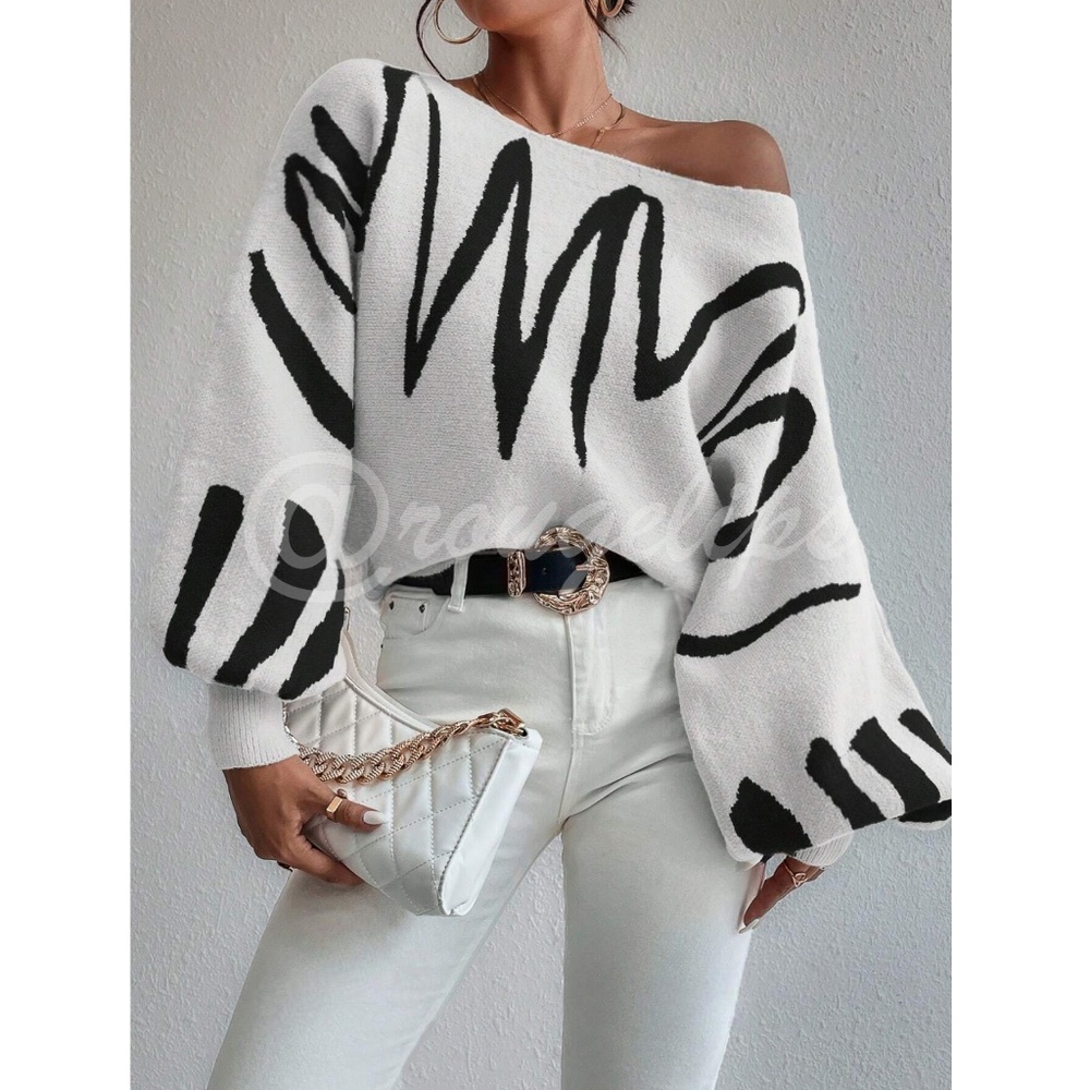 Knit Graphic Pullover Sweater Bishop Sleeve Stretchy Boat Neck - Picture 3 of 8